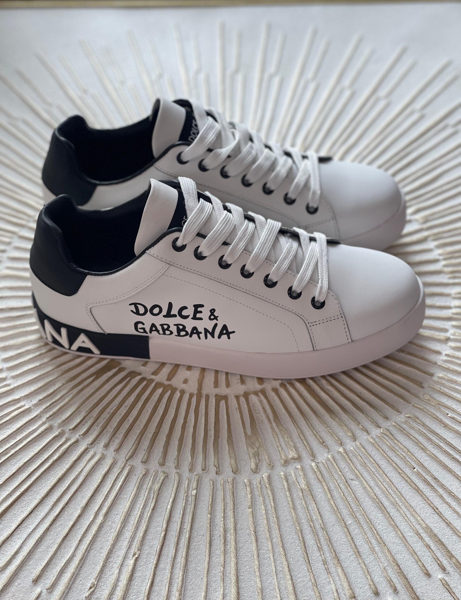 Dolce & Gabbana Portofino Sneakers – White Calfskin with Black Logo Panel (Men’s/Women’s)