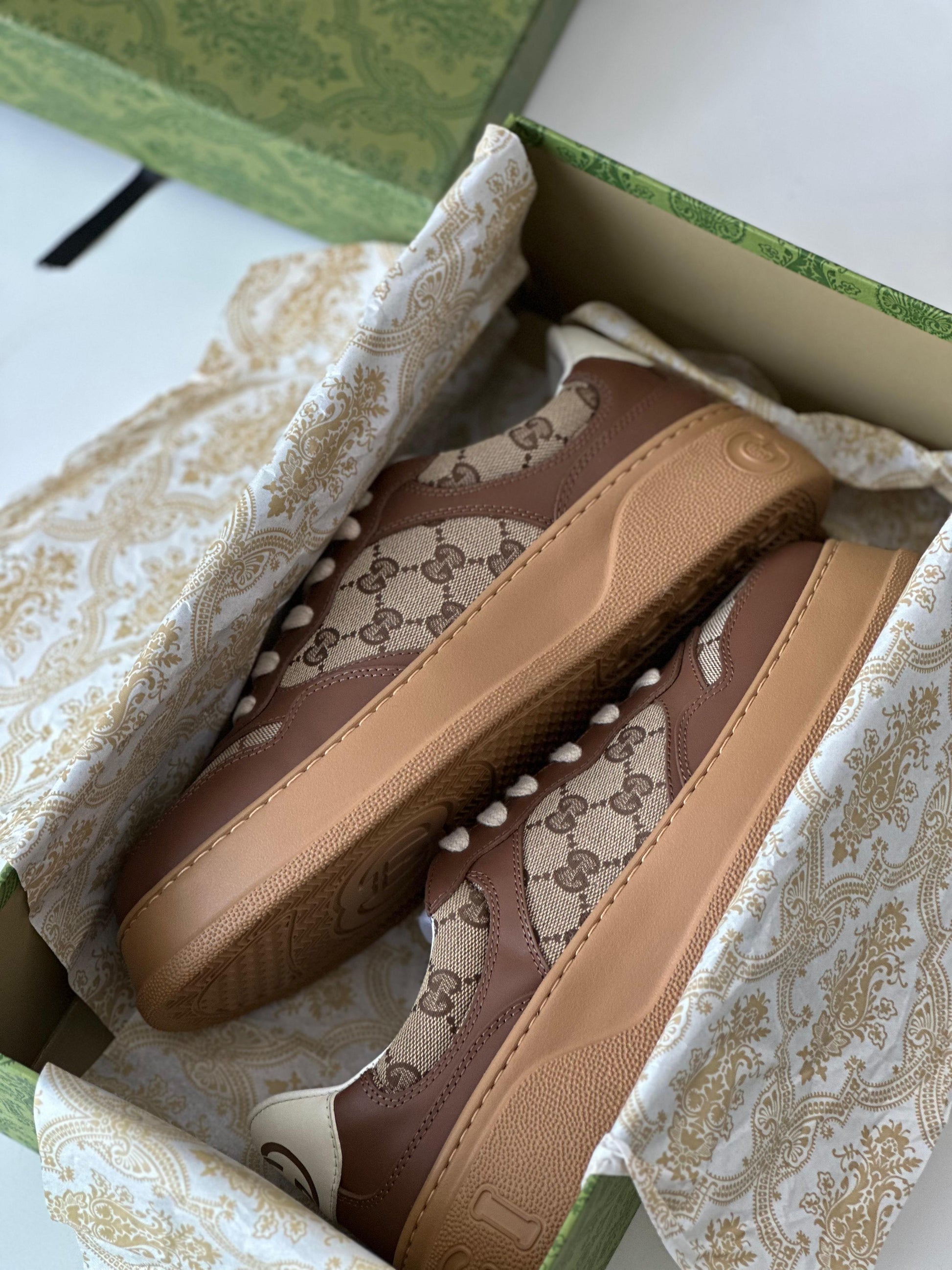 Gucci Women’s GG Canvas Leather-Trimmed Sneakers – Brown (Mytheresa)