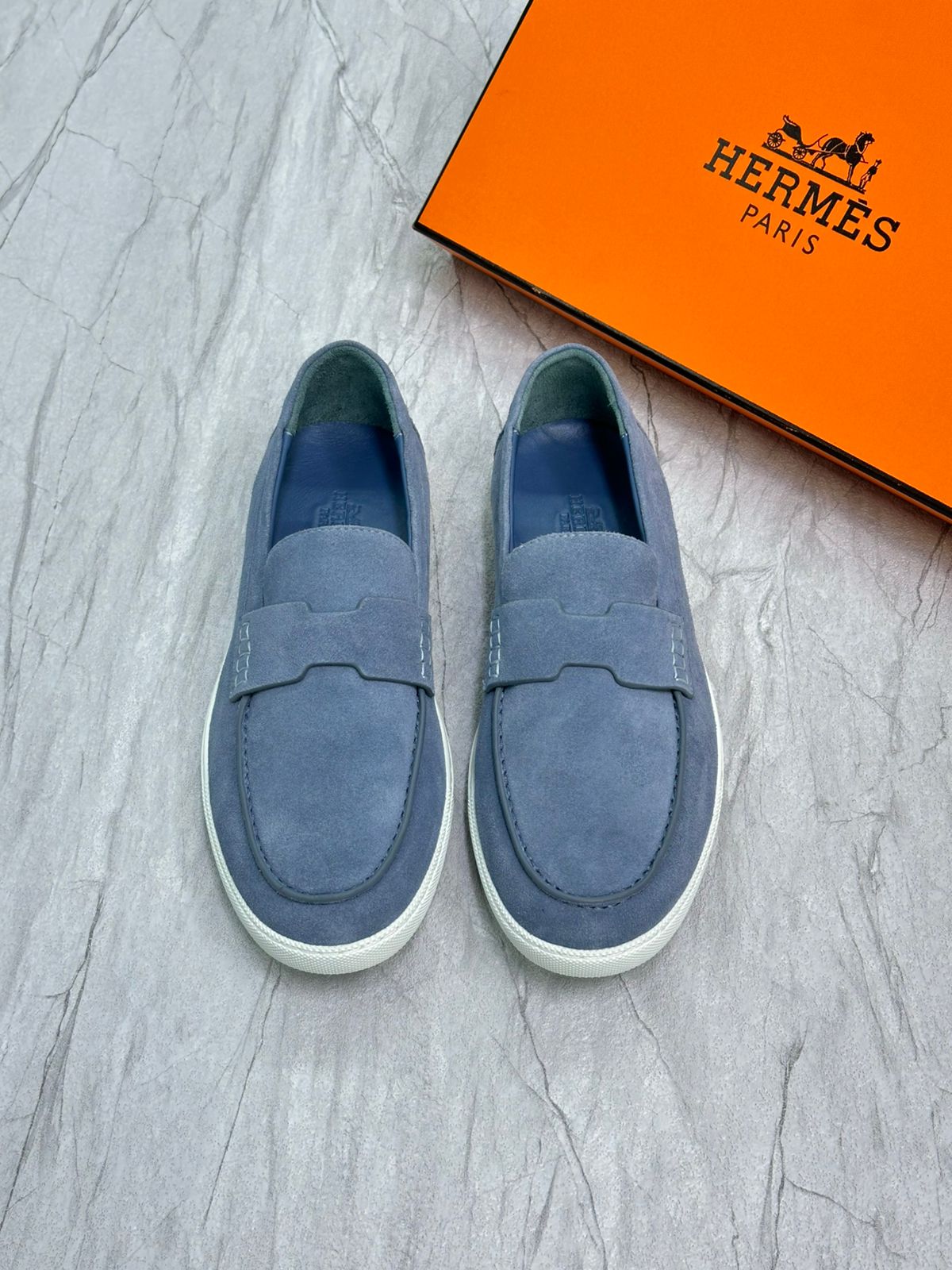 Hermès Job Loafer in Blue Suede Goatskin – Refined Casual Loafer with 'H' Cut-Out