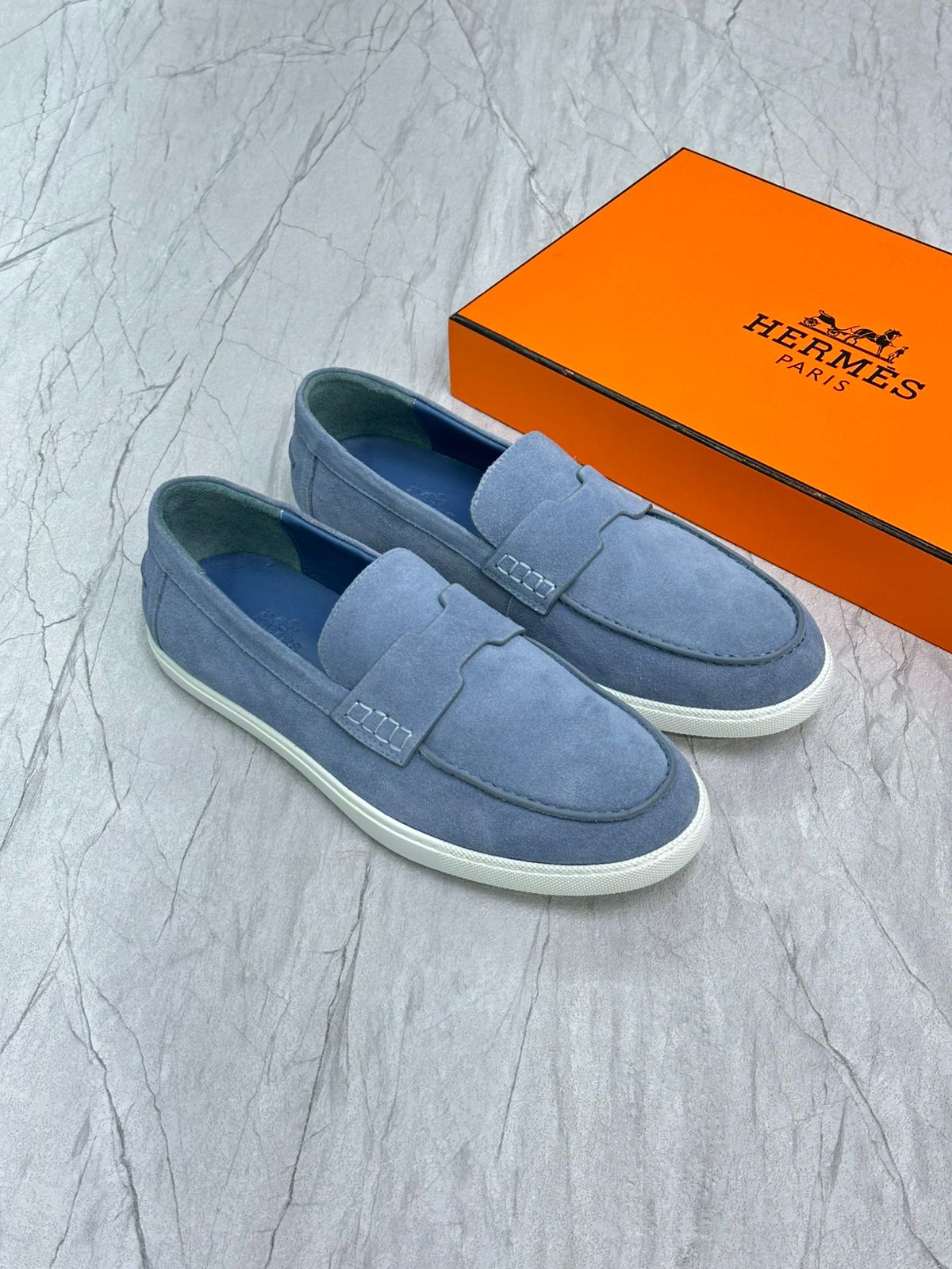 Hermès Job Loafer in Blue Suede Goatskin – Refined Casual Loafer with 'H' Cut-Out