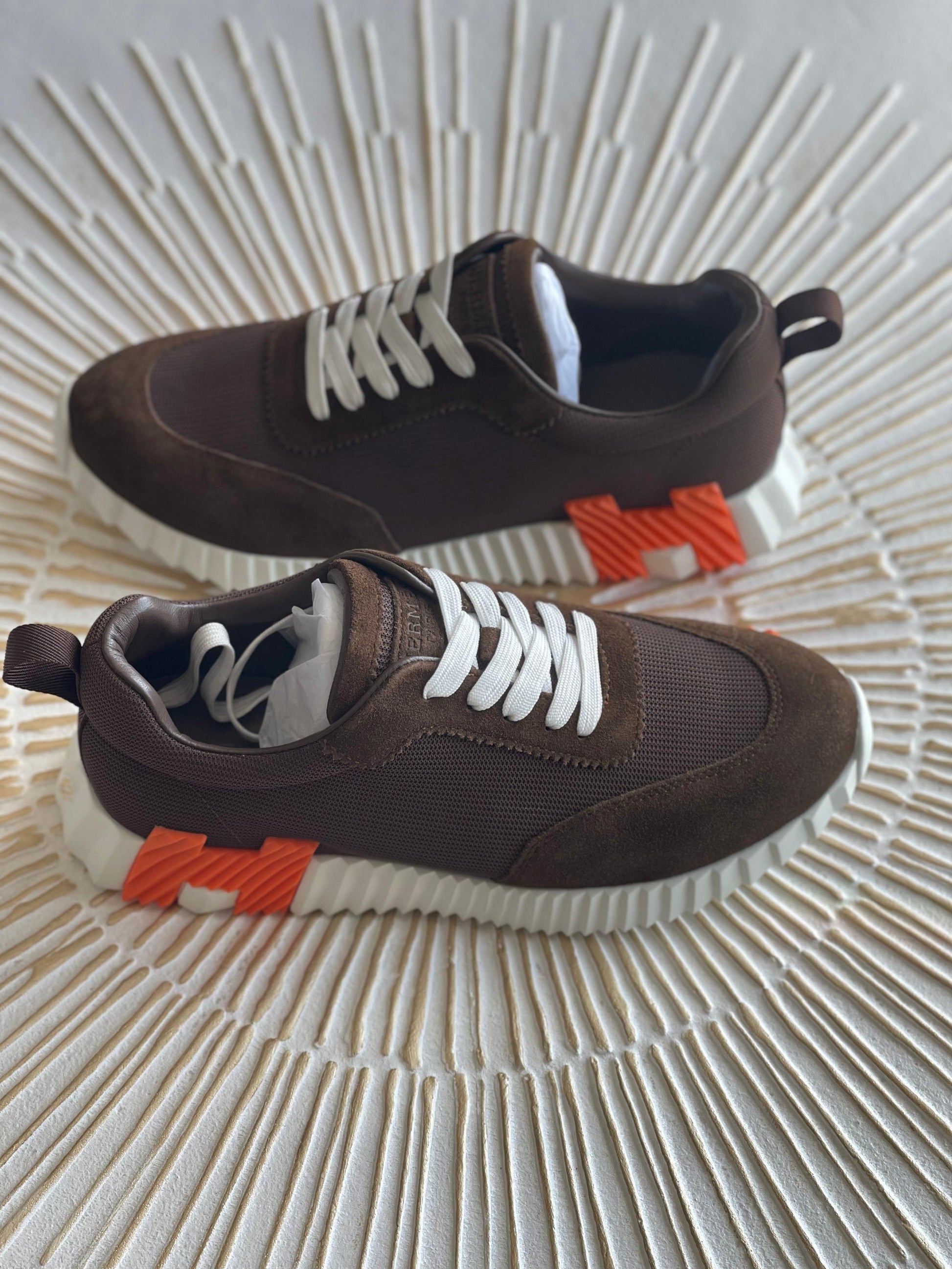 Hermès Bouncing Sneaker – Brown Mesh & Suede with Orange “H en biais” (Men’s)