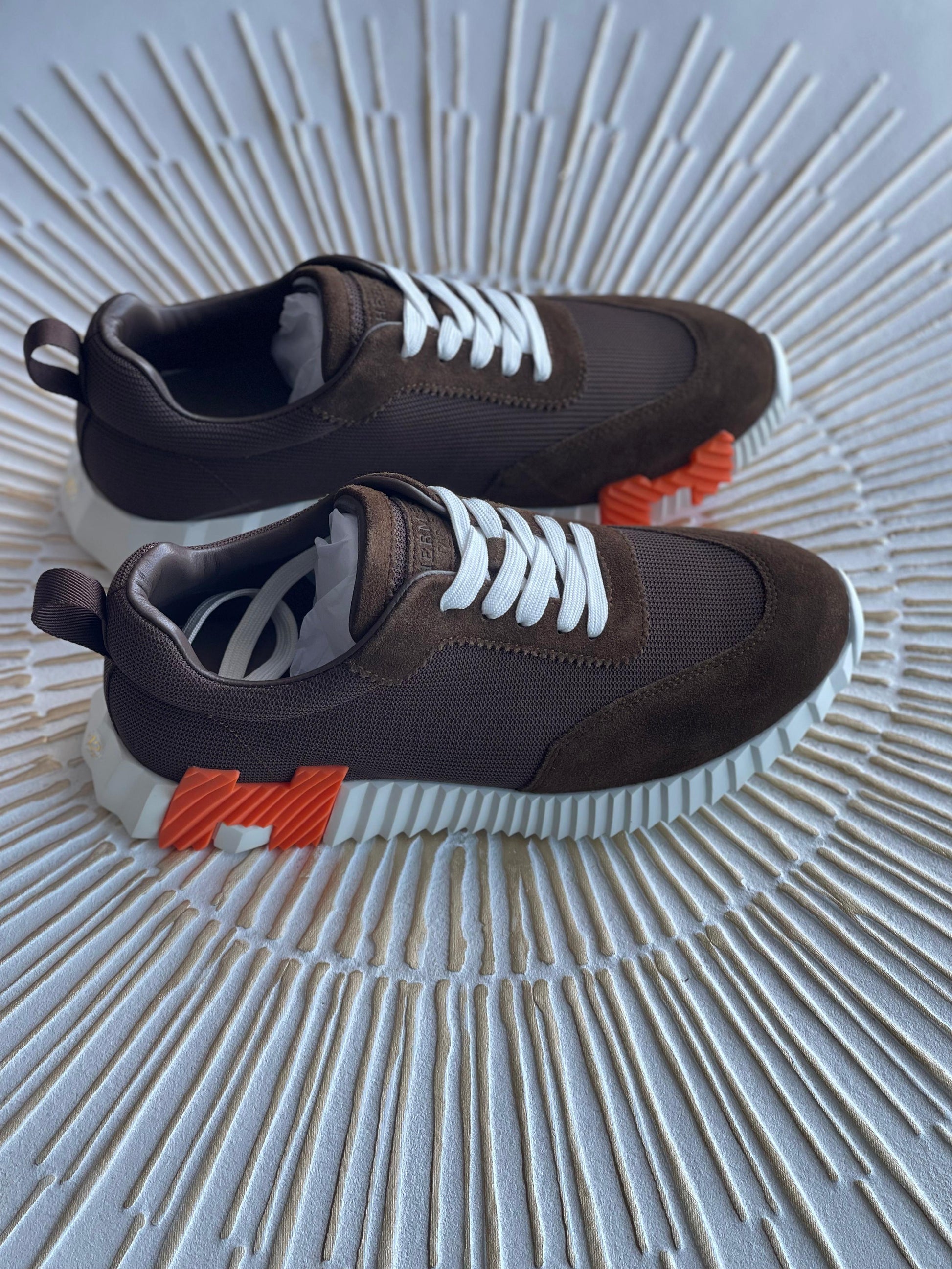 Hermès Bouncing Sneaker – Brown Mesh & Suede with Orange “H en biais” (Men’s)