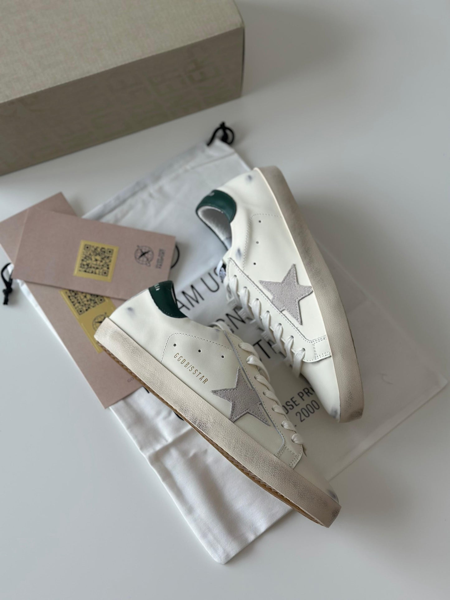 Golden Goose Super-Star Low-Top Sneakers – White Leather & Green Heel Tab (Men’s)
