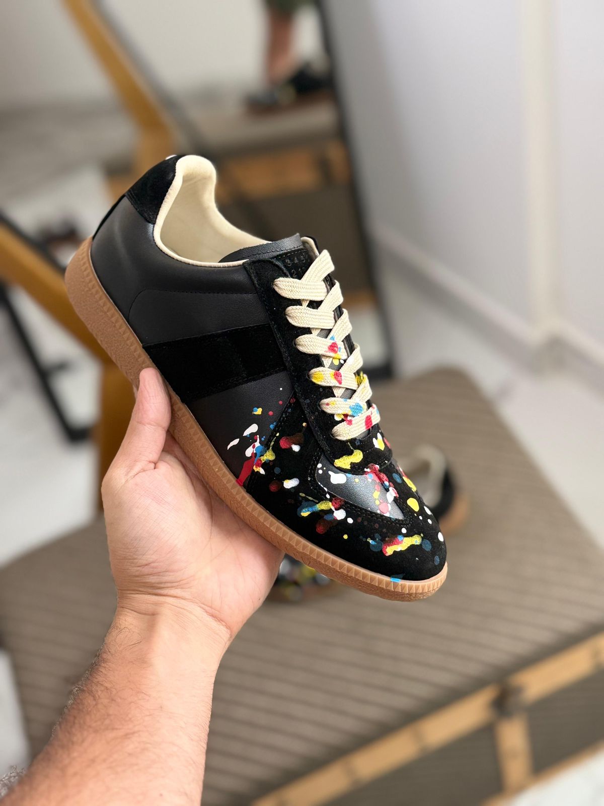 Maison Margiela Paint Low-Top Sneakers – Black Calf Leather (Paint Splatter)