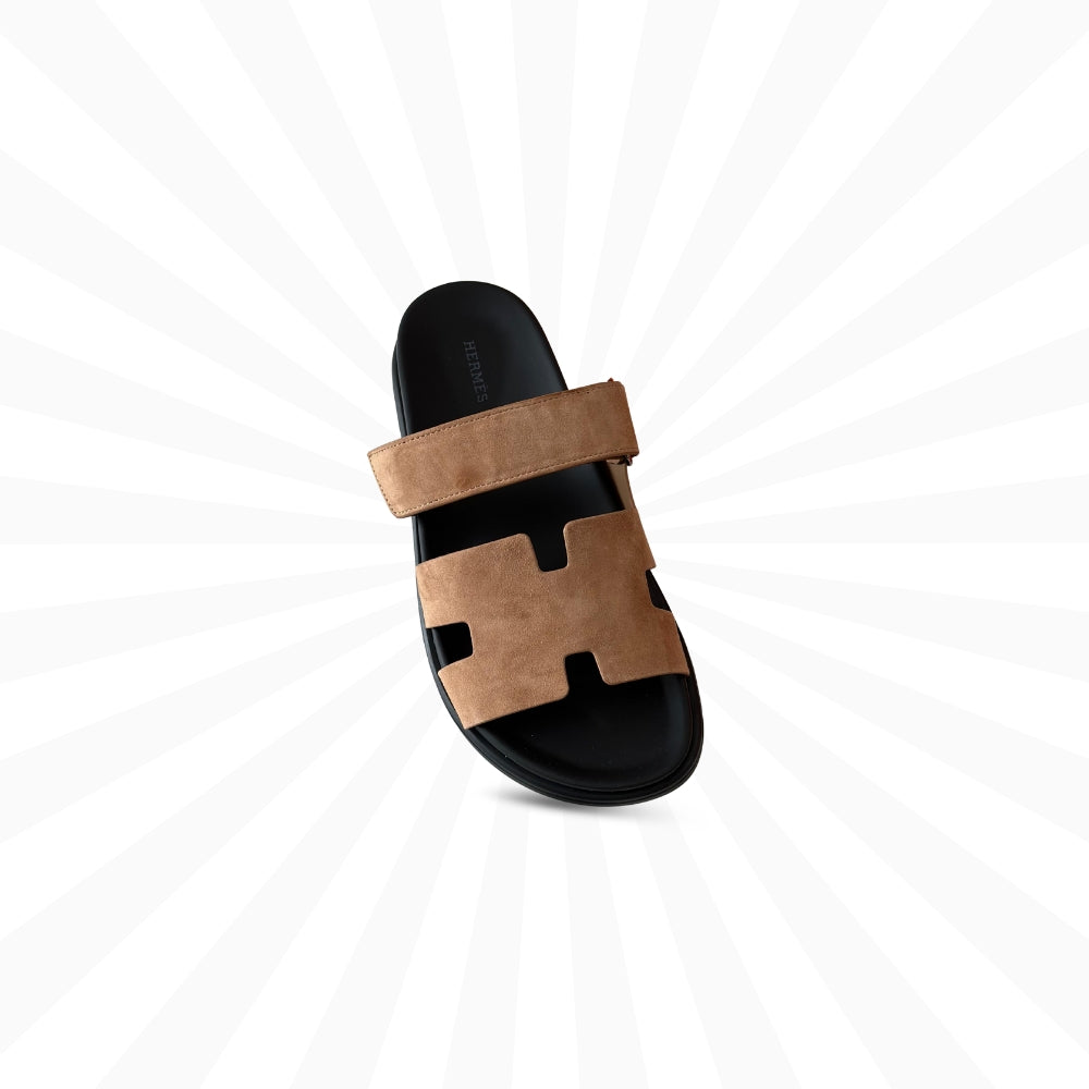 Hermès Chypre Suede Goatskin Sandal in Brun Fumé – Elegant Men’s Slip-On with H-Cut Design”