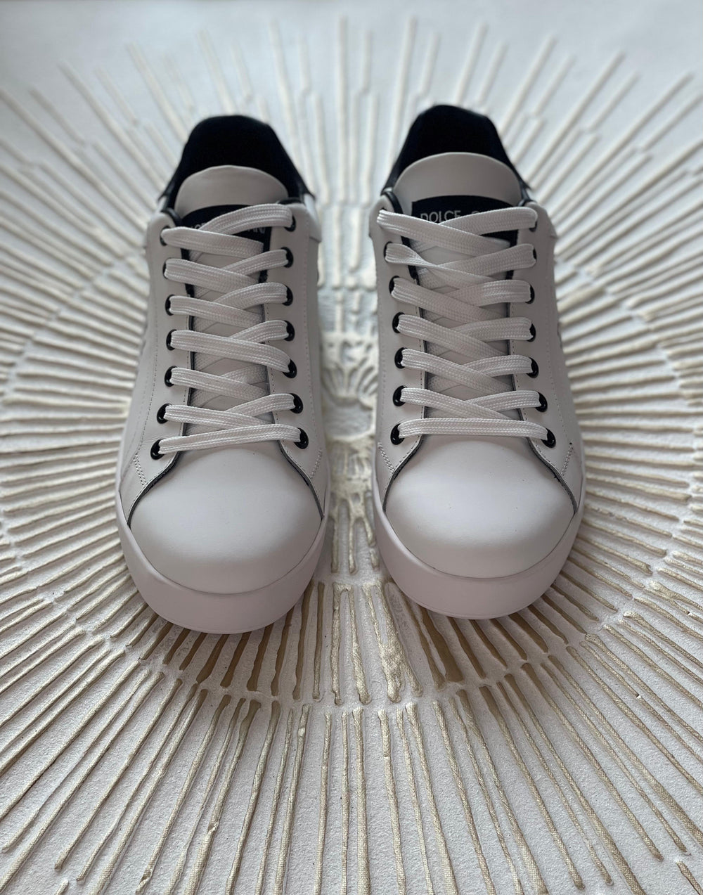 Dolce & Gabbana Portofino Sneakers – White Calfskin with Black Logo Panel (Men’s/Women’s)