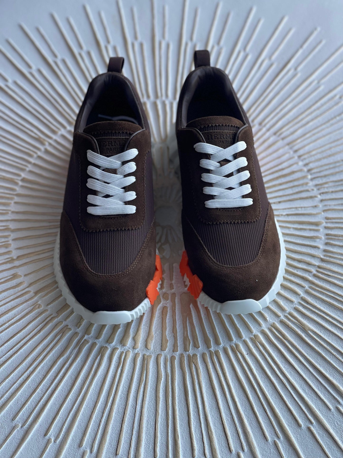 Hermès Bouncing Sneaker – Brown Mesh & Suede with Orange “H en biais” (Men’s)