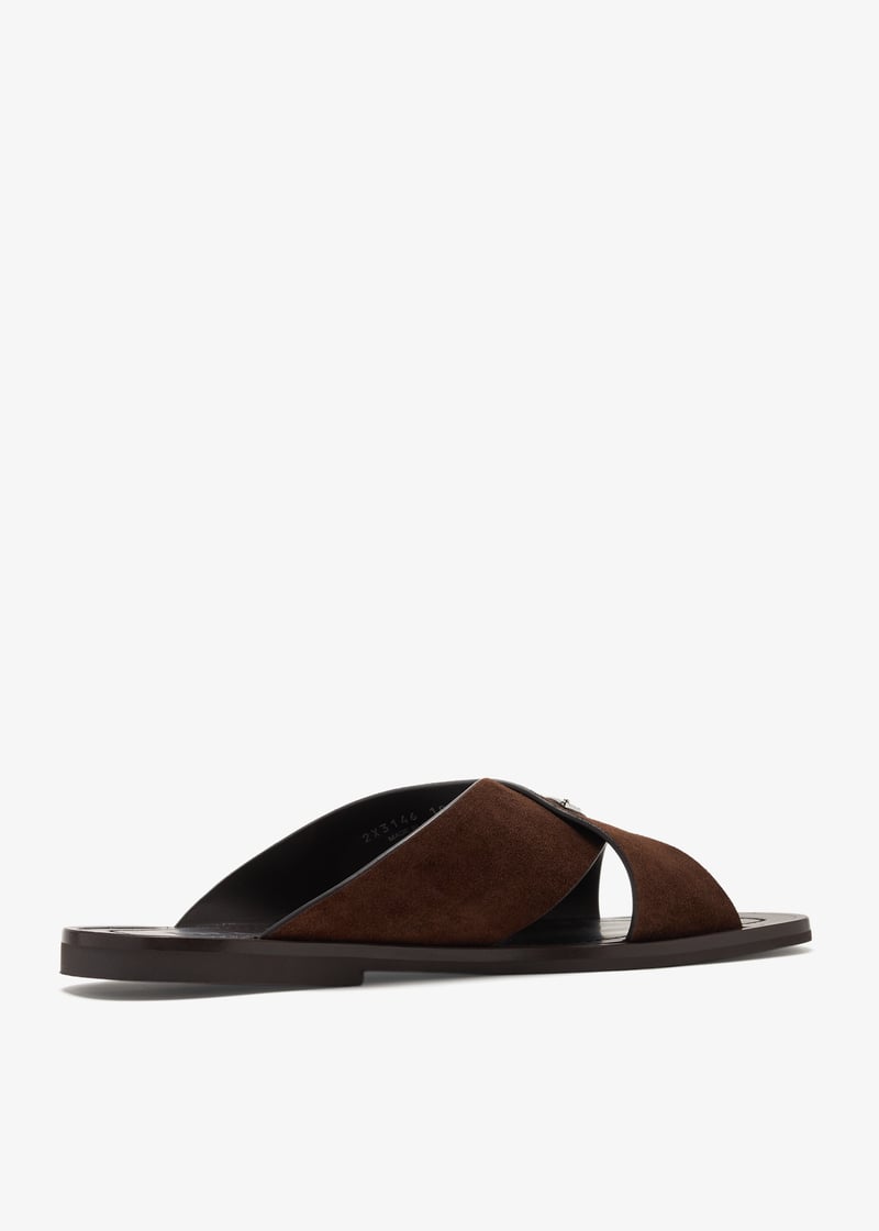 Prada suede crisscross slides dark brown