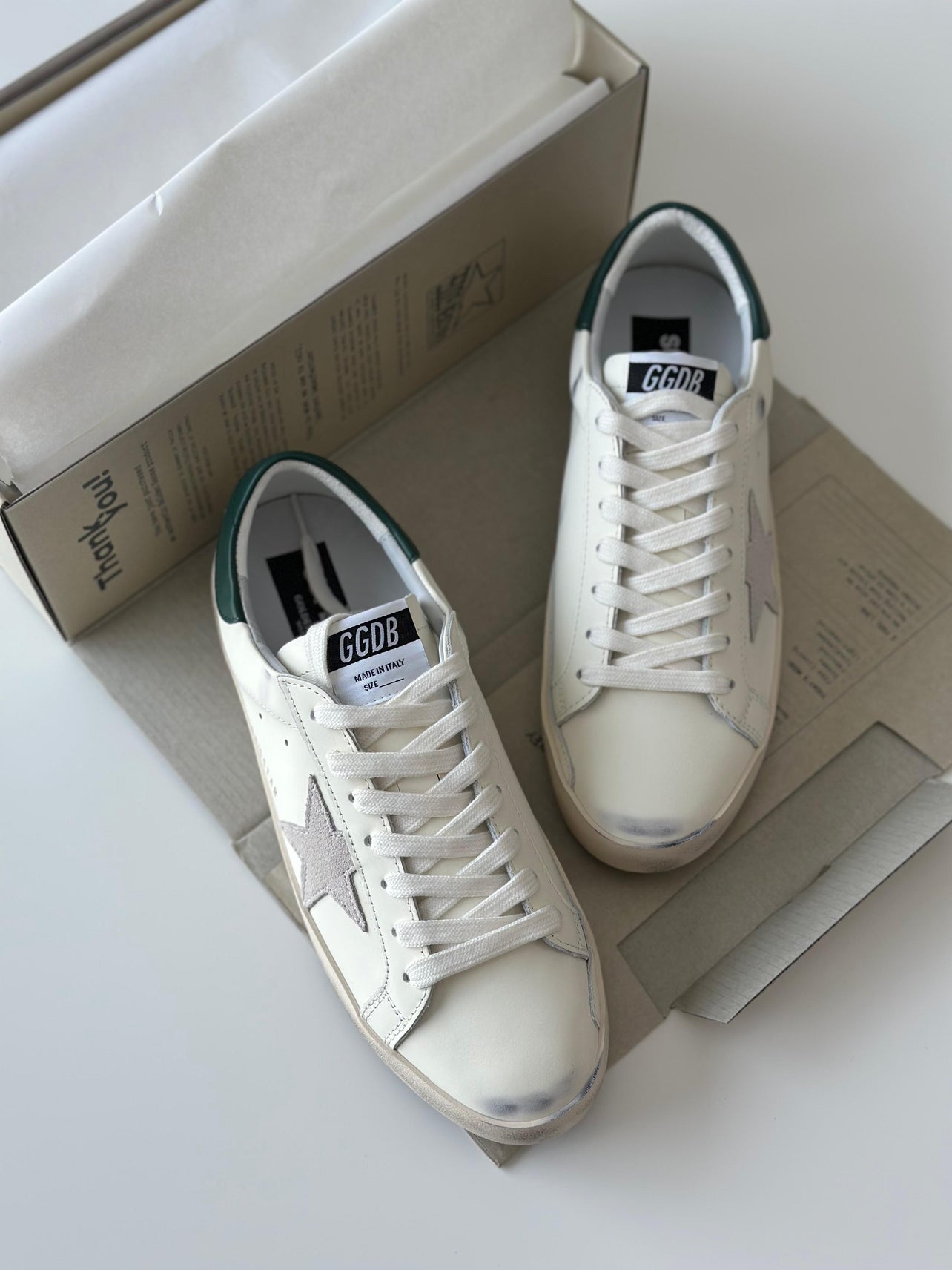 Golden Goose Super-Star Low-Top Sneakers – White Leather & Green Heel Tab (Men’s)