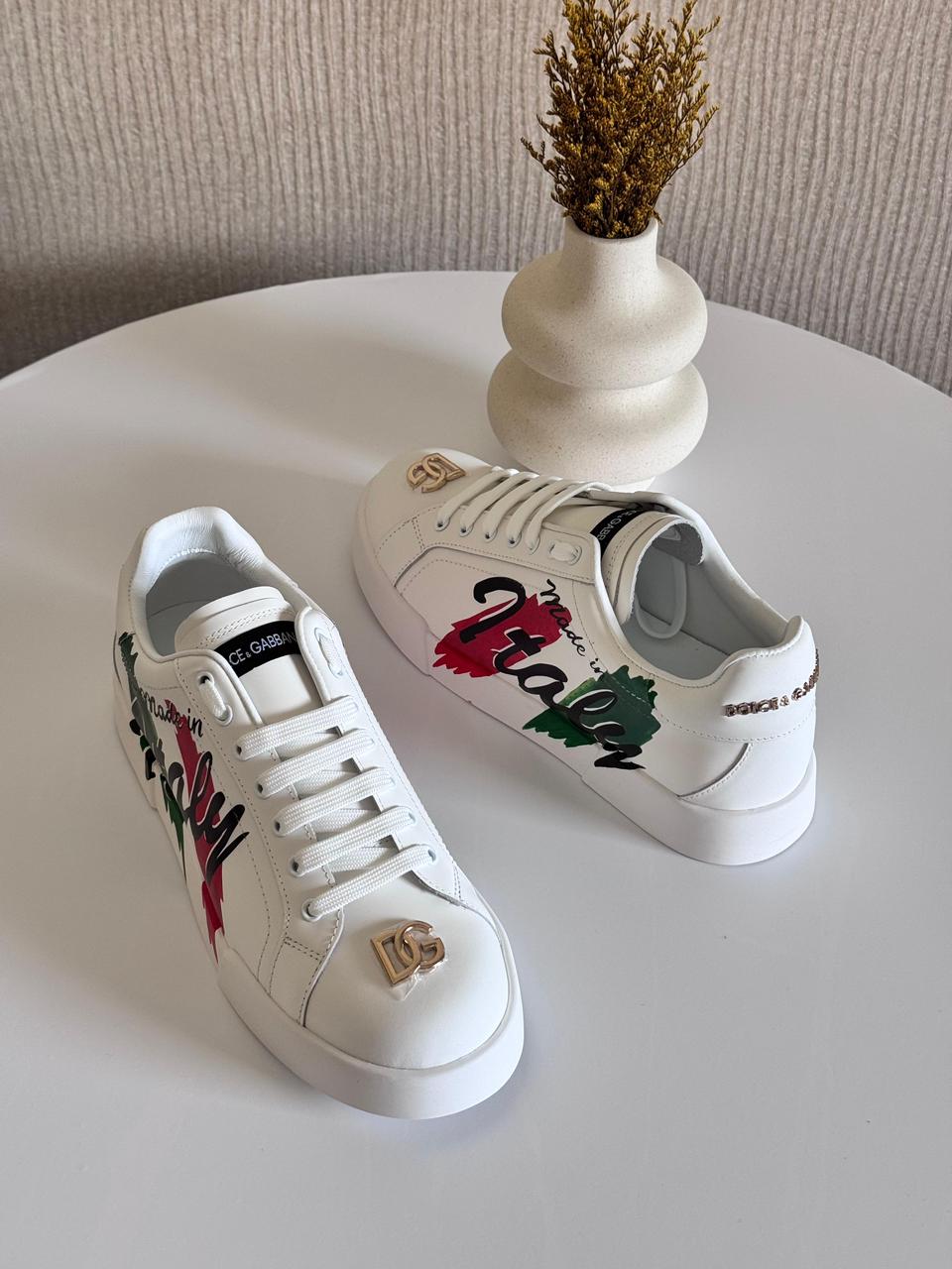 Dolce & Gabbana Portofino Light Sneakers – Multicolor Canvas & Calfskin with “Made in Italy” Print (Men’s)
