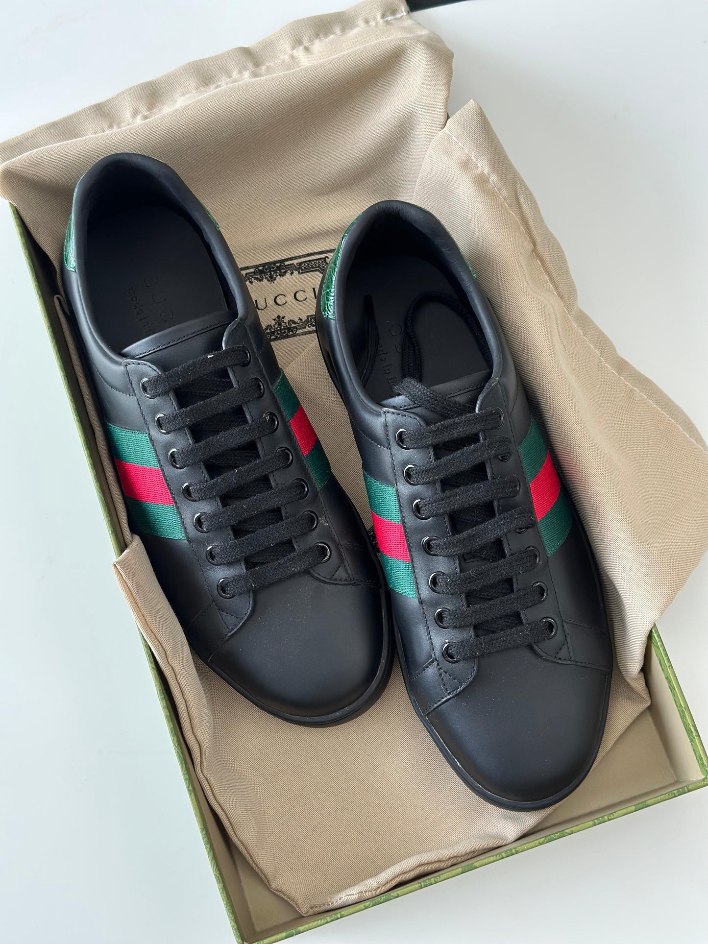 Gucci Black Leather Ace Web Low-Top Sneakers – Size 40 (The Luxury Closet)