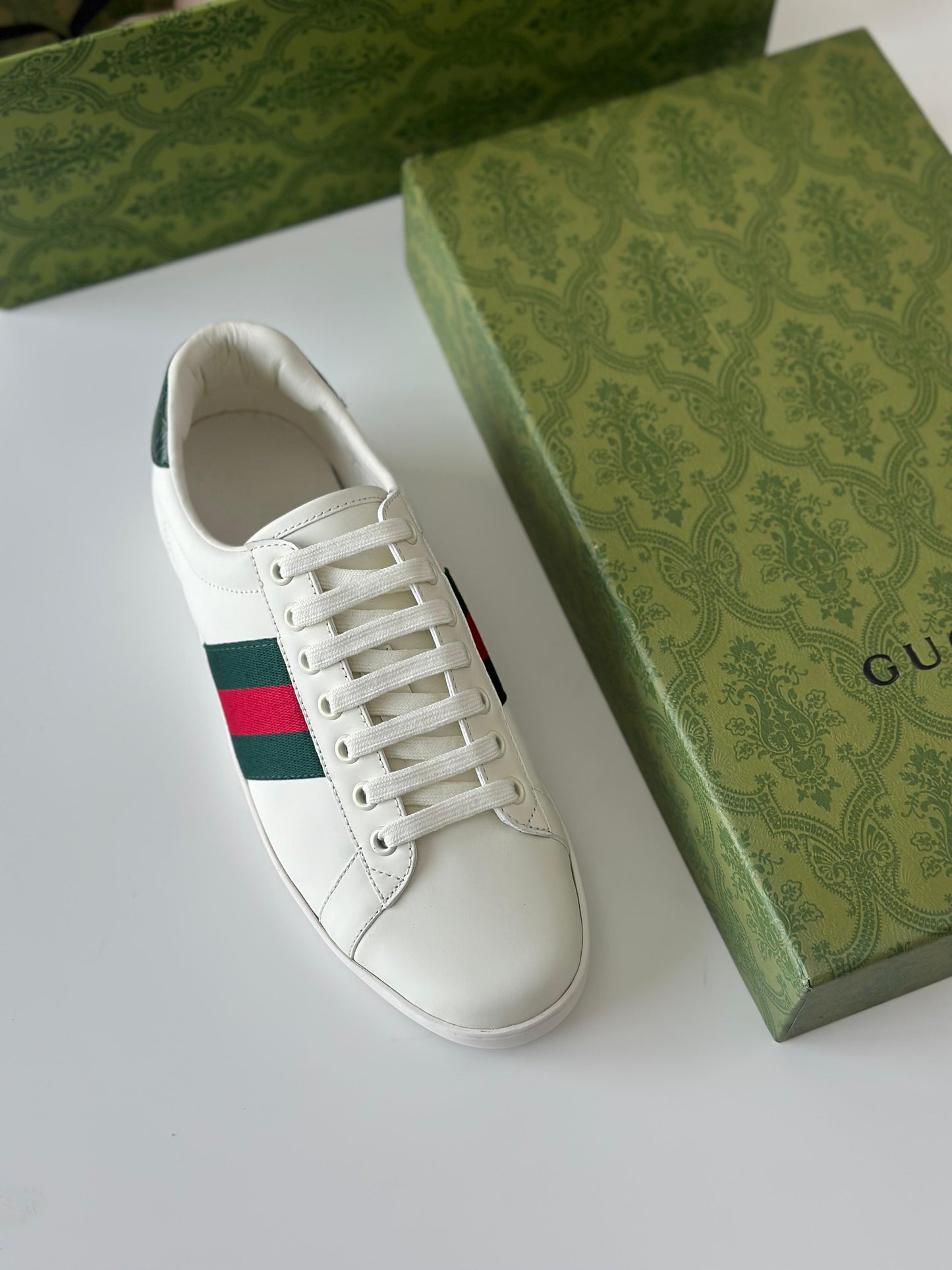 Gucci Ace Leather Low-Top Sneaker – White with Web Stripe (Glam Bags)