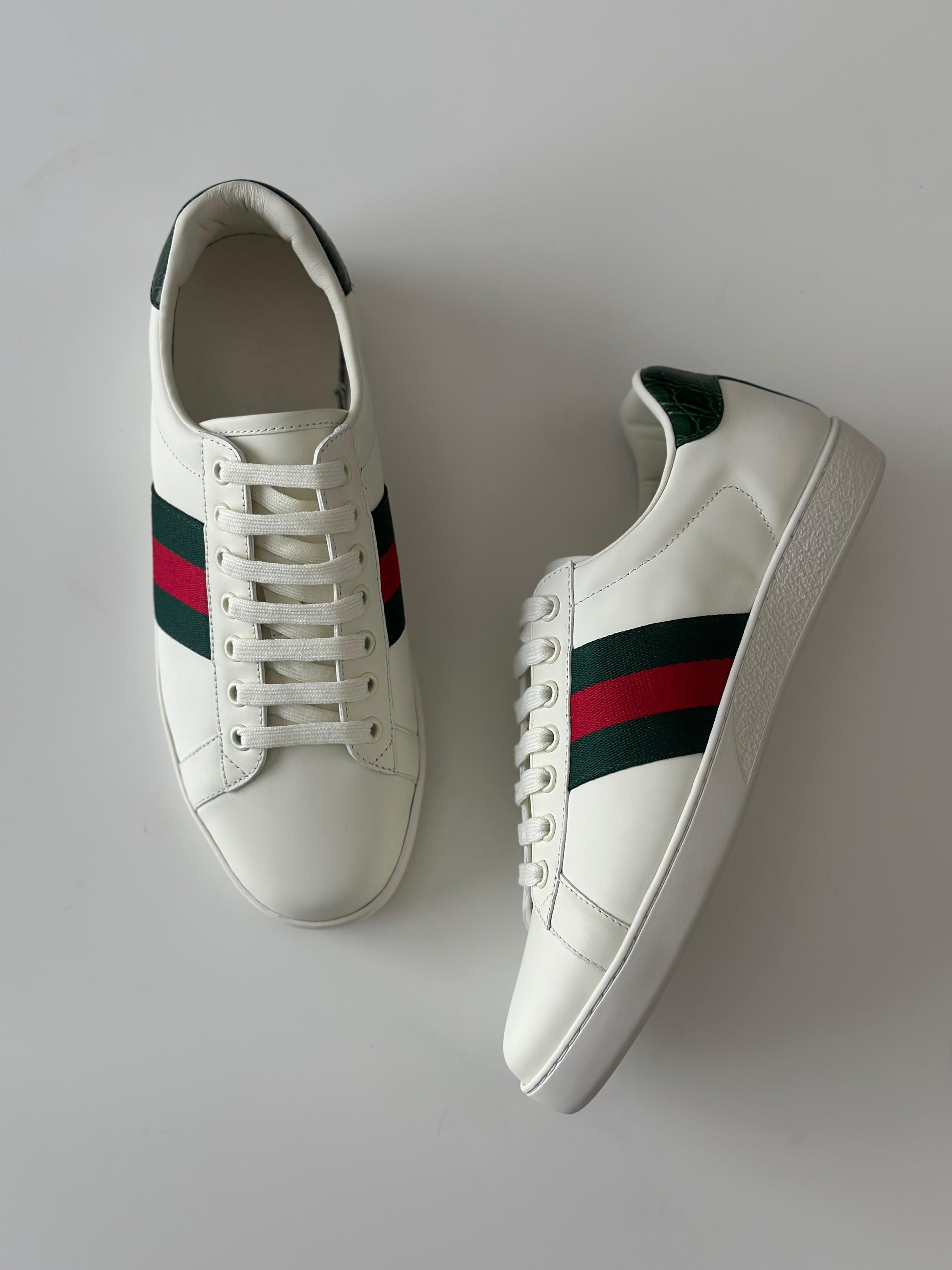 Gucci Ace Leather Low-Top Sneaker – White with Web Stripe (Glam Bags)