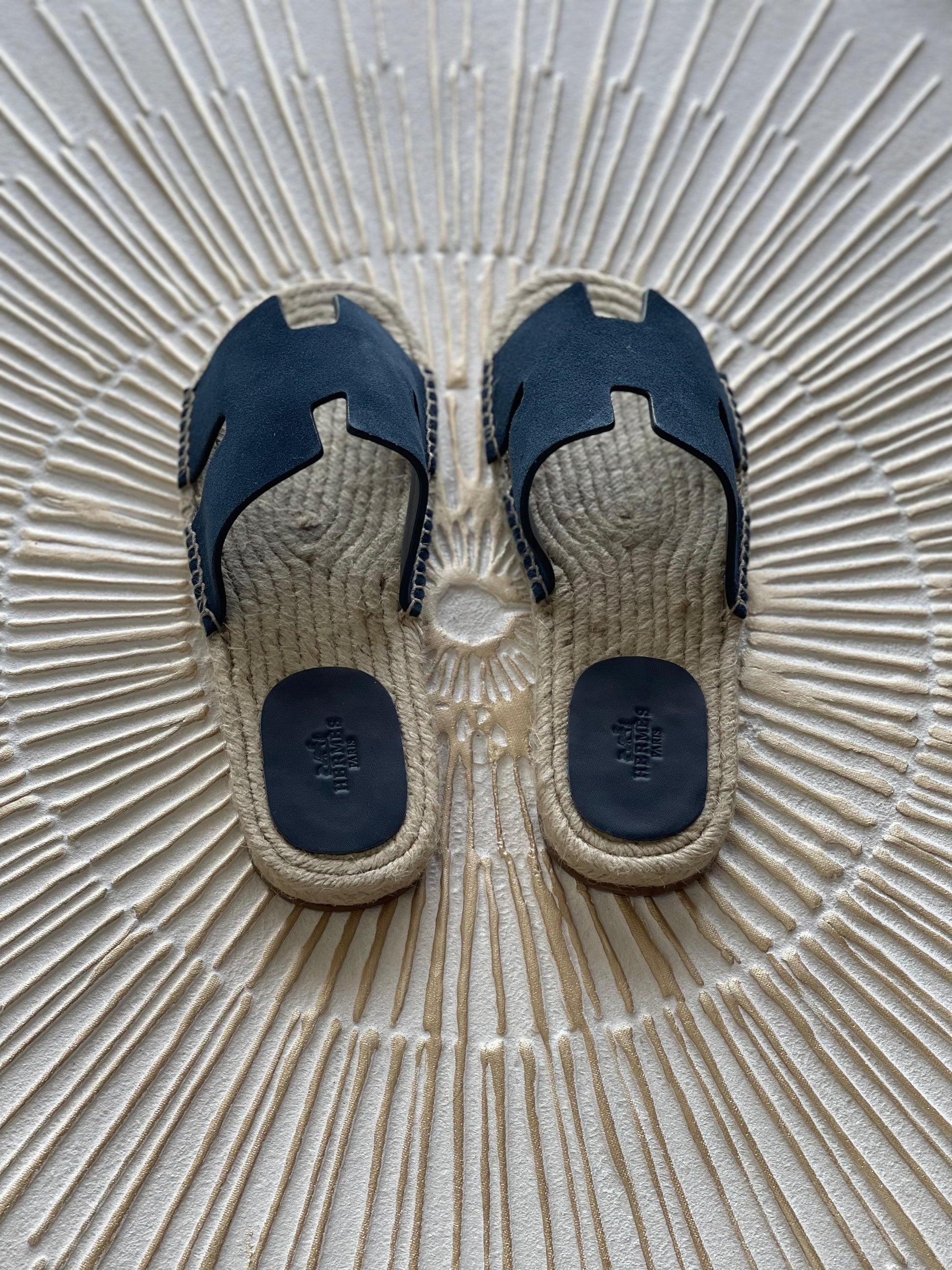 Hermès Antigua Espadrille in Blue Suede Goatskin – Classic Slip-On with H Cut-Out”