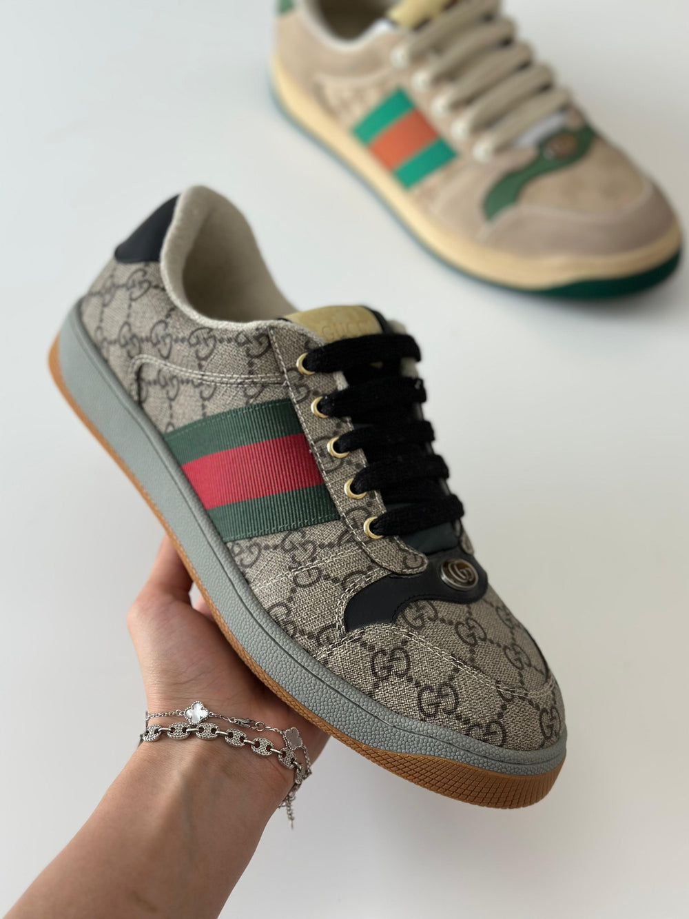 Gucci Pre-Loved Screener GG Canvas & Web Stripe Sneakers – Beige (Level Shoes, UAE)