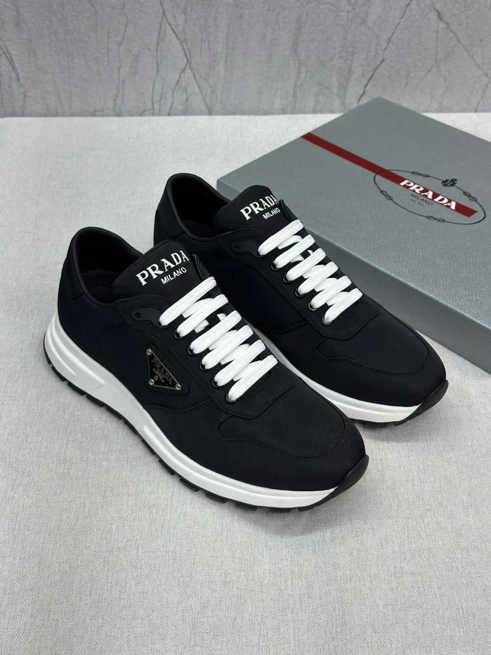 Prada PRAX 01 Nubuck & Re-Nylon Sneakers – Black/White (2EE390 3LBA F0967, Men’s)