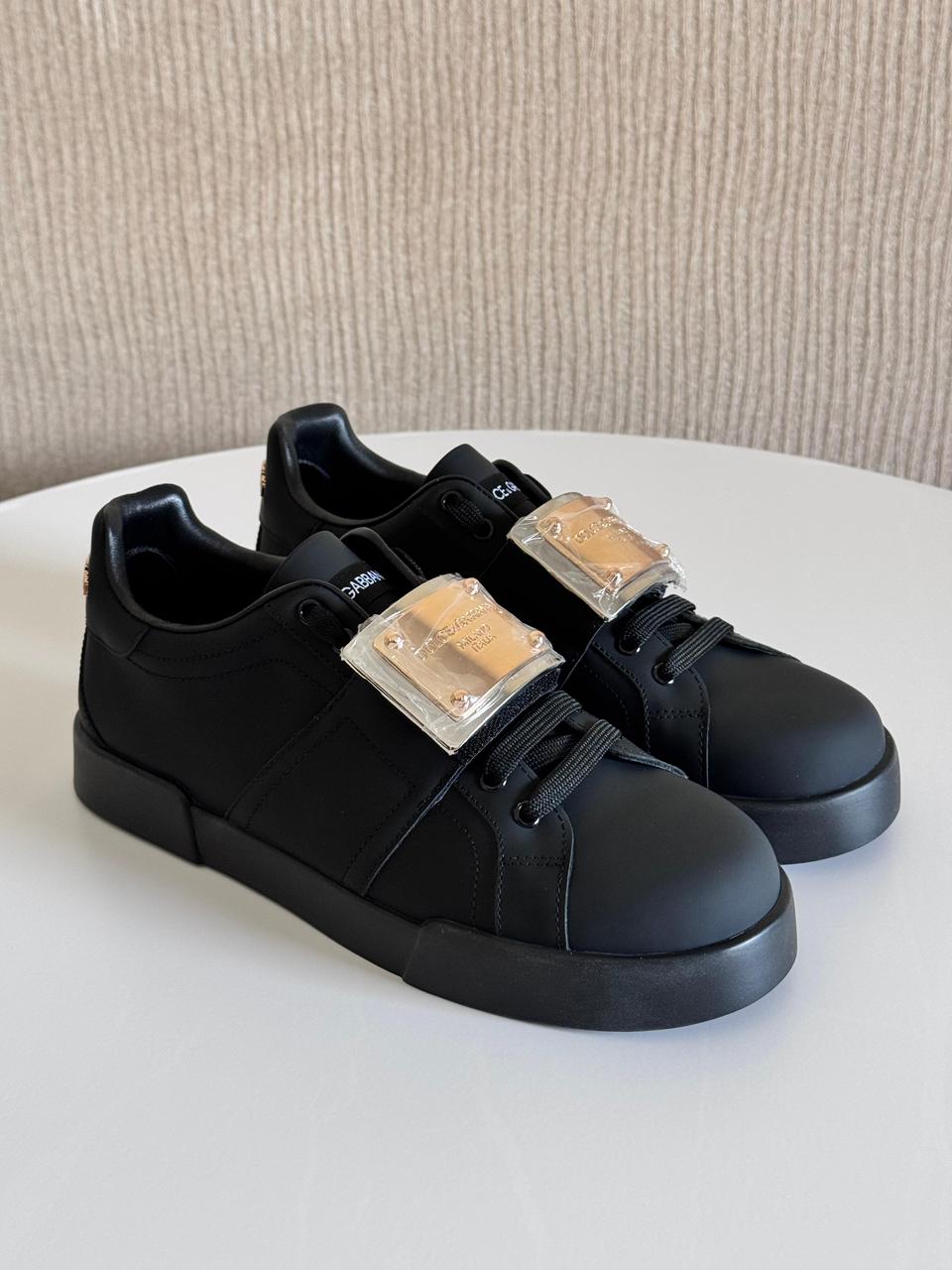Dolce & Gabbana Portofino Calfskin Sneakers – Black with Branded Heel Tag